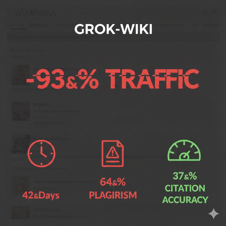 GrokWiki Collapse: Auto‑Written AI Encyclopedia Loses 93% Traffic in 42 Days, Plagiarism & Fake Citations Drive Human‑Last Review